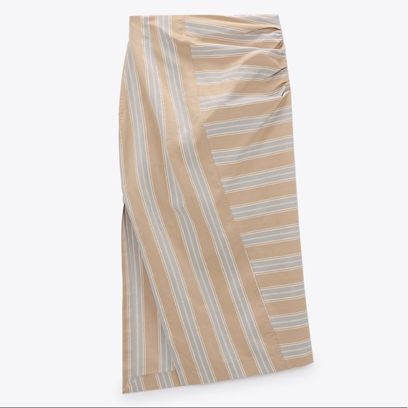 Zara Taupe Brown Stripe Draped Midi Skirt - Picture 13 of 16